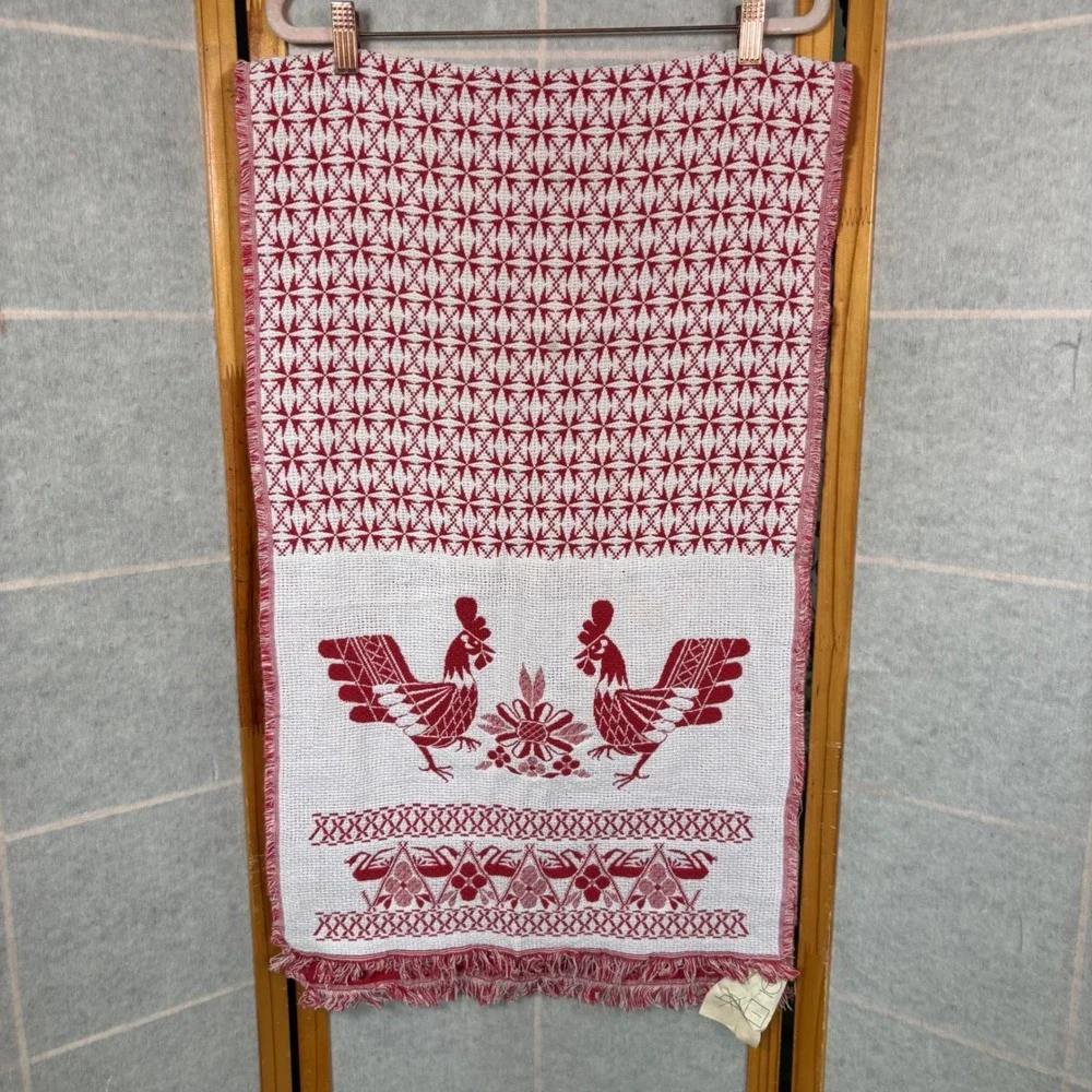 Vintage Rushnik Rostextile Uzor Rushnyk Red White Jacquard Woven Rooster Folk